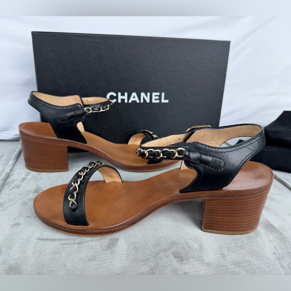 Chanel Leather Heel Sandals with Gold and Black Chain Size 36.5 - Picture 4 of 7